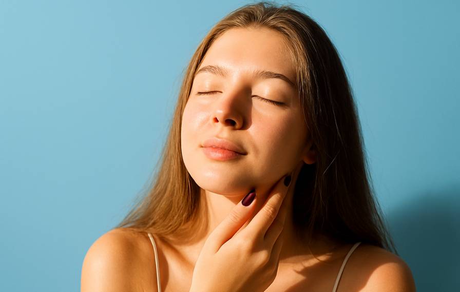 Imagem de uma mulher de olhos fechados com expressão tranquila tocando o pescoço.