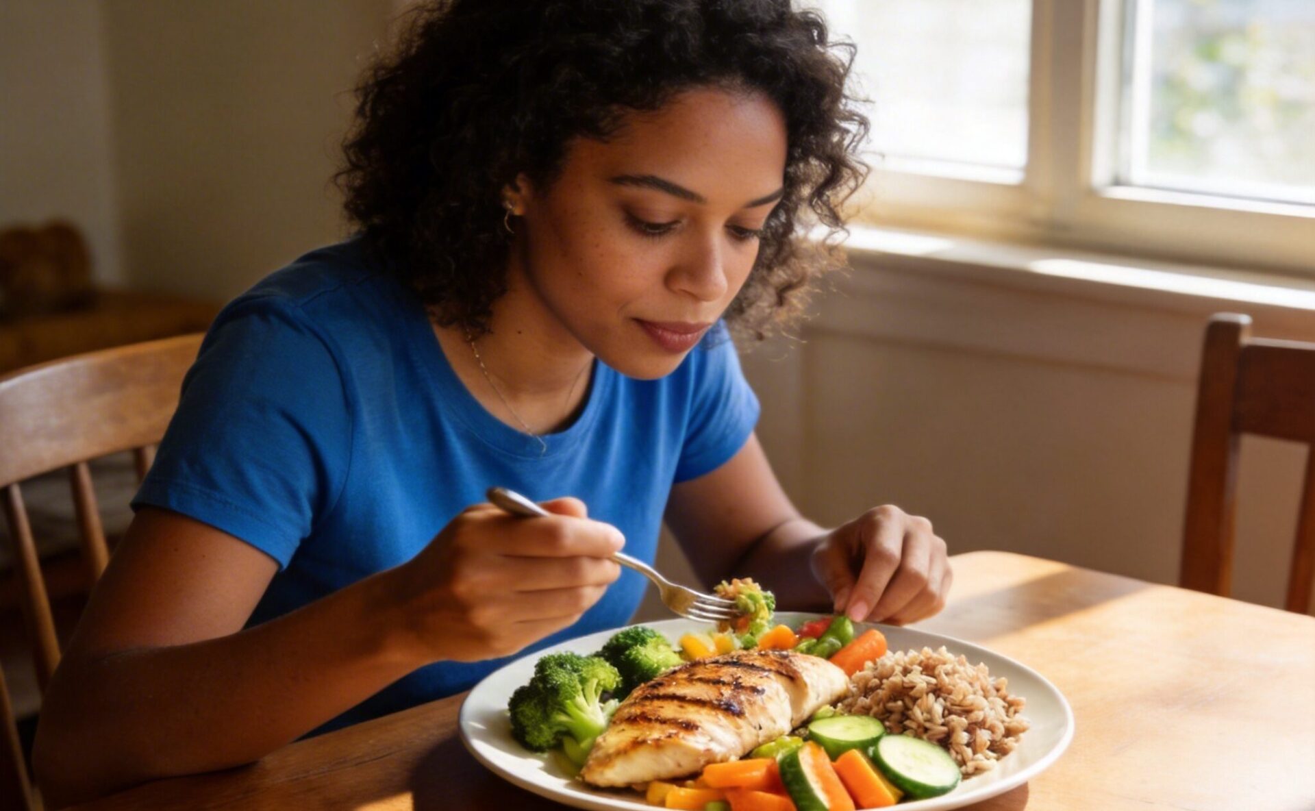 Adulto fazendo uma refeição equilibrada.
